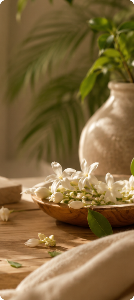Jasmine flowers in a wooden bowl bathed in soft warm light