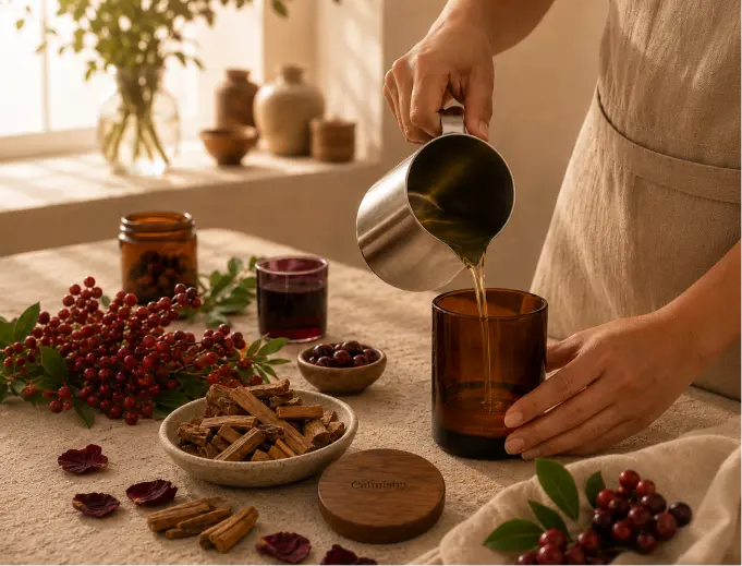 Hands pouring warm candle wax into a glass jar