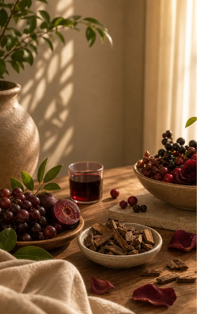 Warm spices in a wooden bowl bathed in soft twilight light