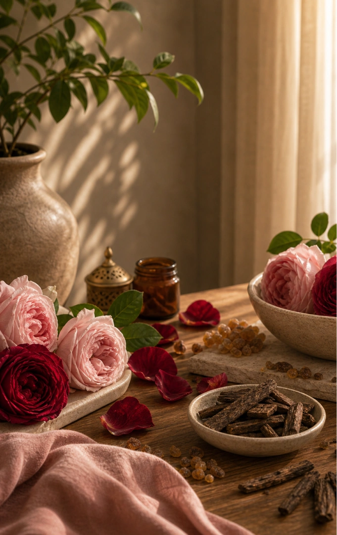 Fresh petals in a wooden bowl bathed in soft morning light