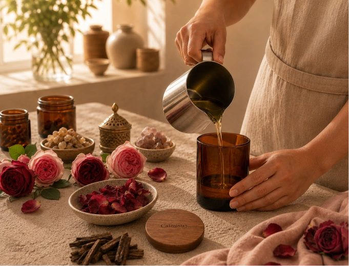 Hands pouring warm candle wax into a glass jar