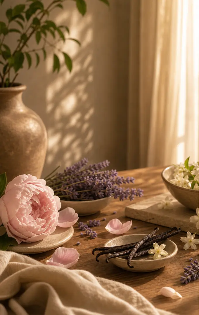 Delicate flowers in a wooden bowl bathed in soft moonlit warmth