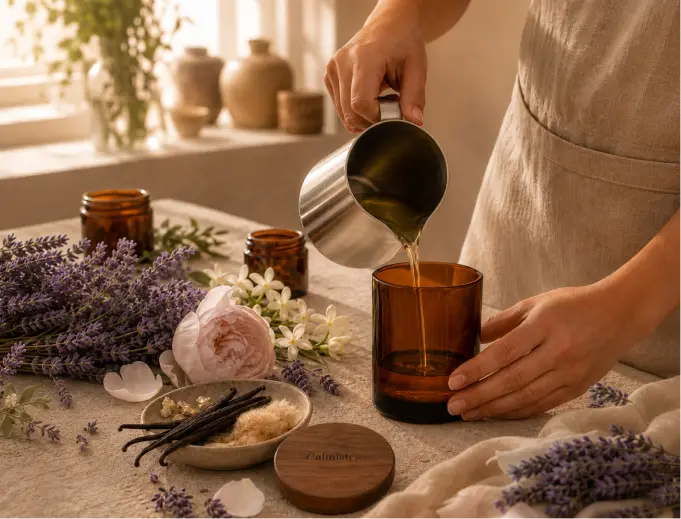 Hands pouring warm candle wax into a glass jar